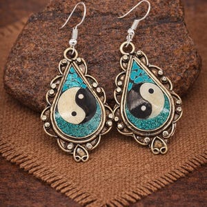 Yin Yang Turquoise Earrings – Tibetan Teardrop Dangle Earrings – Boho Spiritual Jewellery