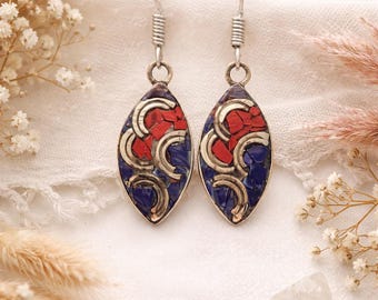 Tibetan Coral & Lapis Mosaic Earrings, Boho Ethnic Dangle Earrings, Nepalese Handmade Jewelry, Bohemian Statement Earrings, Gift for Her