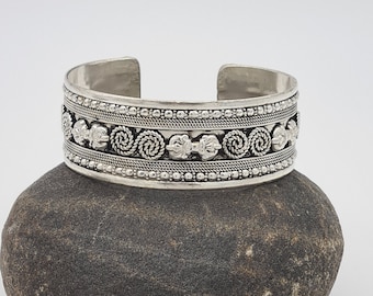 Handcrafted Nepali Silver Cuff Bracelet - Wide Ethnic Bangle - Bohemian Jewelry from Nepal - Dorje Symbol