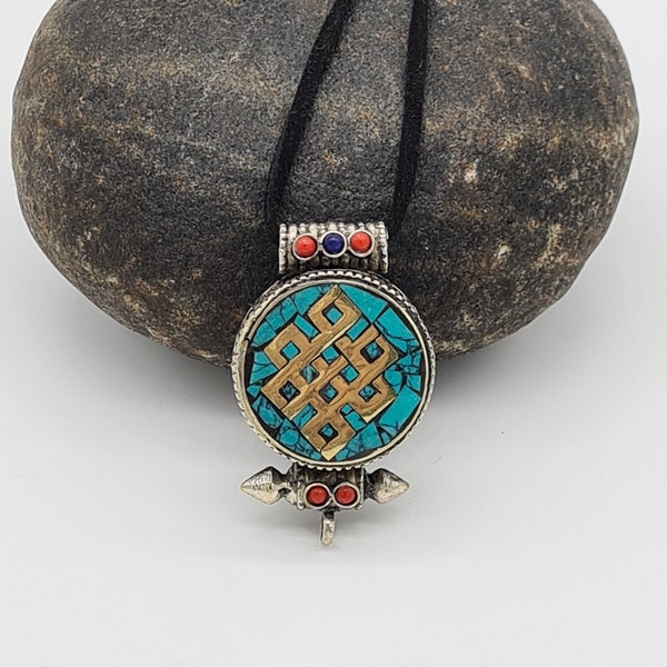 Handcrafted Turquoise Inlay Gau Prayer Box Pendant, Tibetan Prayer Box Necklace, Boho Ethnic Jewelry, Protective Amulet Pendant