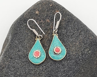 Small Coral Turquoise Lapis Teardrop Earrings,925 Silver,  Nepalese Earrings, Artisan Bohemian Statement Earrings, Nepal, Gift For Her