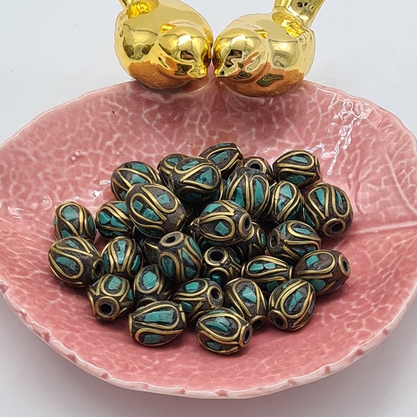 Ethnic Turquoise Beads, Brass Inlaid Round Beads, Nepalese Beads, Mixed Ethnic Tribal Beads, , Jewellery Making Beads, Nepal