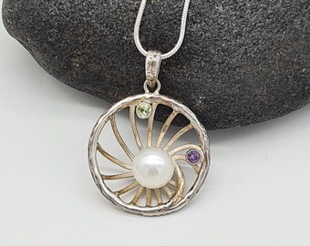 Sterling Silver Pearl Pendant Necklace, Spiderweb Pendant, Pearl Jewellery, Amethyst Peridot, Elegant Necklace, 925 Silver Pendant