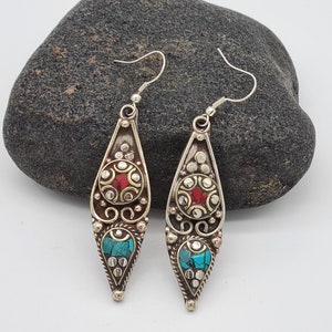 Ethnic Earrings, Rustic Earrings, Long Dangle, Mosaic Earrings, Tibetan Nepalese Jewellery, Teardrop Earrings, Mexican Style, Gift for Her