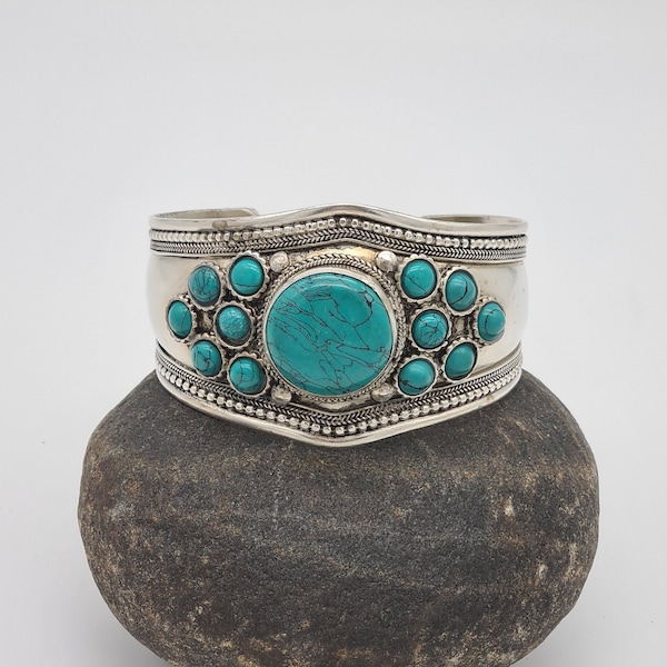 Large Ethnic Turquoise Bracelet Bangle, Tibetan silver, Nepalese Bracelet, Tribal Ethnic Open Cuff Bracelet, Boho Style, Gift For Her