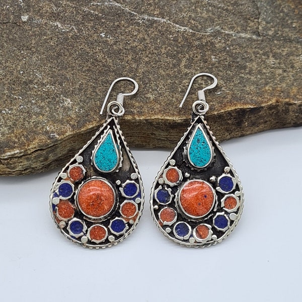 Teardrop Coral Earrings, Ethnic Bohemian Jewellery, Dangle Earrings, Gypsy Mexican Ethnic style, Rustic Jewellery, Gift for Her