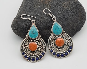 Ethnic Large Coral Turquoise Earrings, Nepalese Jewelry, Tibetan Statement earrings, Rustic Jewellery, Mexican Earrings, Gift for Her