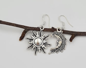 Mismatched Moon and Sun Earrings, Celestial Earrings, Crescent Moon, Boho Statement Earrings, Christmas Gift for Her