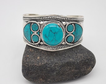 Handcrafted Turquoise Cuff Bracelet: Tibetan Silver Boho Bangle