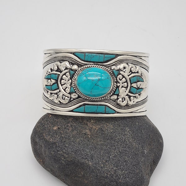 Large bracelet de manchette turquoise, bracelet ethnique, bracelet népalais, bracelet de manchette ouvert ethnique tribal, style Boho, cadeau pour elle