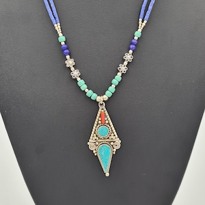Ethnic Lapiz Lazuli Necklace, Multi-Strand Collier Necklace, Tribal Jewellery, Seed Bead Necklace,  Nepal Gift, Statement Necklace