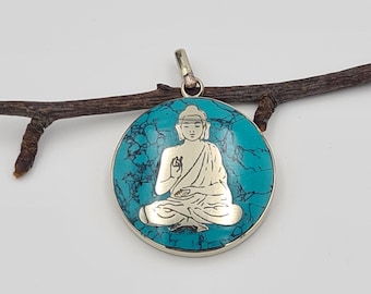 Buddha Pendant Necklace, Ethnic Round Pendant, Turquoise Buddhist Jewelry, Lapiz Coral Buddha Pendant,  Nepal Gift