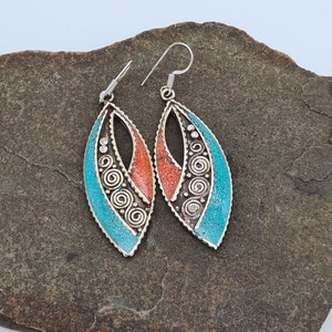 Handmade Nepalese Leaf Drop Earrings | Turquoise & Coral Inlay Silver Jewellery
