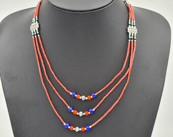Multi-Strand Red Collier Necklace, Tribal Choker, Seed Bead Necklace, Boho Statement Necklace
