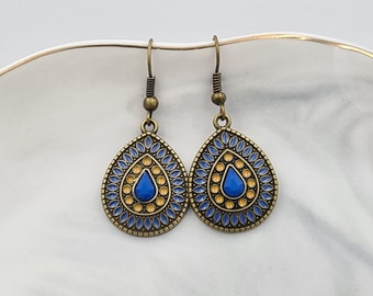 5202 Blue Yellow and Gray Mouse and Flower Boho Earrings