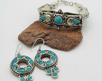 Turquoise Jewellery Set, Ethnic Statement Bracelet and Earrings, Nepalese Himalayan Gift, Boho Style, Gift for Woman