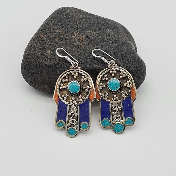 Nepalese Hamsa Hand earrings, Ethnic Earrings, Boho large statement earrings, Handmade Unique Ethnic style, Rustic Jewellery