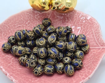 Ethnic Lapiz Lazuli Inlaid Round Beads,  Ethnic Brass Beads, Mixed Ethnic Tribal Beads, Brass Beads, Jewellery Making Beads, Nepal