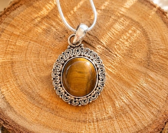 Sterling Silver Tiger Eye Pendant Necklace, Boho Gemstone Jewelry, Natural Tiger’s Eye Oval Pendant, Handmade Ethnic Necklace, Gift for Her