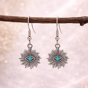 Silver Plated Evil Eye Earrings, Sunburst Evil Eye Earrings, Bohemian Earrings, Boho Statement Earrings, Gift For Her