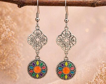 Multicolor Dangle Earrings, Silver Floral Earrings, Boho Ethnic Jewelry, Colorful Drop Earrings, Lightweight Earrings, Gift for Her