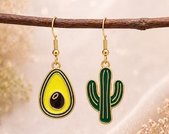 Avocado & Cactus Earrings, Mismatched Dangle Earrings, Cute Fun Jewelry, Quirky Novelty Earrings, Gift for Her