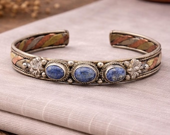 Lapis Lazuli Cuff Bracelet | Tibetan Silver Boho Bracelet | Mixed Metal Cuff | Handmade Nepal Jewelry | Ethnic Tribal Bracelet