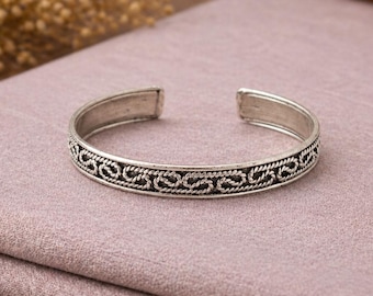 Tibetan Silver Engraved Cuff Bracelet | Minimalist Boho Bracelet | Handmade Nepal Jewelry | Adjustable Ethnic Bangle | Unisex Bracelet