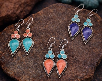 Ethnic Turquoise Coral Earrings, Bohemian Dangle Earrings, Nepalese Jewelry, Boho Mexican  Earrings, Gift For Her