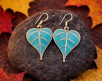 Handmade Turquoise Leaf Earrings, Ethnic Style Jewelry from Nepal, Boho Leaf Design