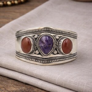 Nepalese Multi-Stone Cuff Bracelet: Silver Ethnic Bangle, Boho Style