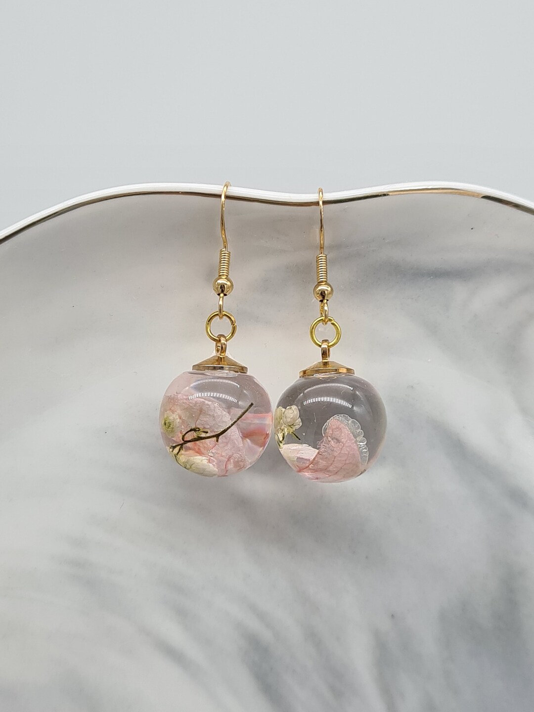 Pink Flower Earrings, Romantic Jewelry, Pink Sphere Earrings, Dry