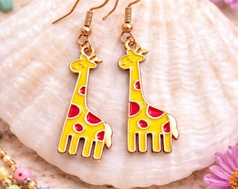 Cute Giraffe Earrings – Enamel Animal Dangle Earrings, Fun Safari Jewelry Gift for Her