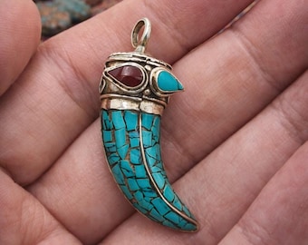 925 Silver Turquoise Horn, Nepalese Horn Pendant, Coral Turquoise Horn, Tusk, Silver Horn, Tibetan Amulet , Ethnic Jewelry, Mexican Necklace