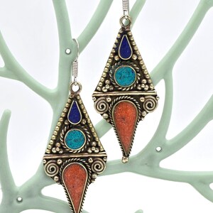 Boho Turquoise Coral Dangle Earrings, Handmade Nepalese Jewellery, Artisan Statement Gift, Boho Ethnic Style image 4