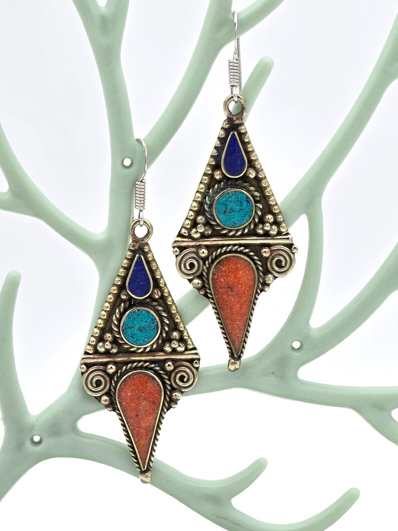 Boho Turquoise Coral Dangle Earrings, Handmade Nepalese Jewellery, Artisan Statement Gift, Boho Ethnic Style image 4