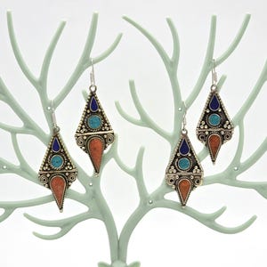 Boho Turquoise Coral Dangle Earrings, Handmade Nepalese Jewellery, Artisan Statement Gift, Boho Ethnic Style image 13