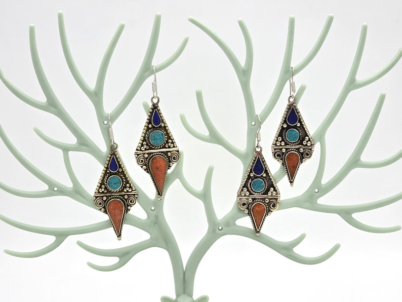 Boho Turquoise Coral Dangle Earrings, Handmade Nepalese Jewellery, Artisan Statement Gift, Boho Ethnic Style image 13