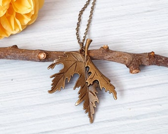 Bronzefarbene Ahornblatt-Anhänger-Halskette, große Halskette, Halloween-Herbst-Anhänger/Halskette, Naturliebhaber, Boho-Stil, Geschenk für Sie