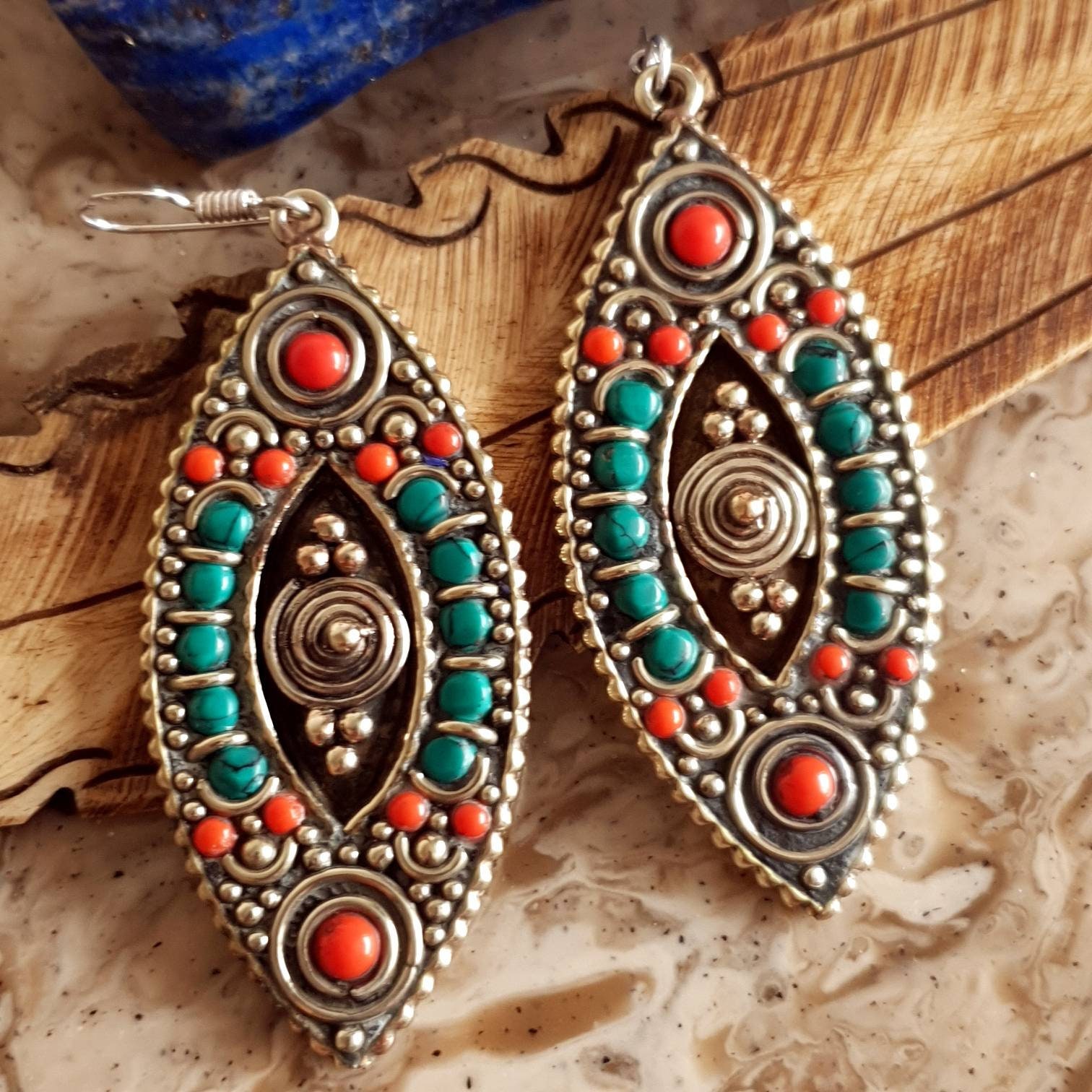 Bohemian Ethnic Turquoise Earrings Boho Large Mosaic | Etsy