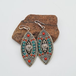 Bohemian Gypsy Indian Vintage Tibetan Turquoise Silver Tone Om Earrings #31