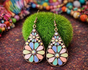 Boho Teardrop Earrings with Colourful Enamel Flower Design – Vintage Style Dangle Earrings