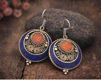 Boho Turquoise Hoop Earrings, Bohemian Round Lapiz Lazuli Earrings, Nepalese Earrings, Mexican Earrings, Bohemian Ethnic Jewellery
