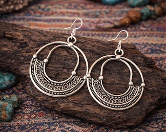 Ethnic Earrings Silver, Tribal Boho Hoop Earrings, Bohemian Earrings, Antique Silver, Boho Statement Earrings