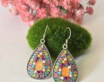 Bohemian Ethnic Teardrop Earrings, Boho Earrings, Rhinestone Earrings, Boho Jewelry, Retro Style, Colourful Gypsy Earrings, Gift For Her
