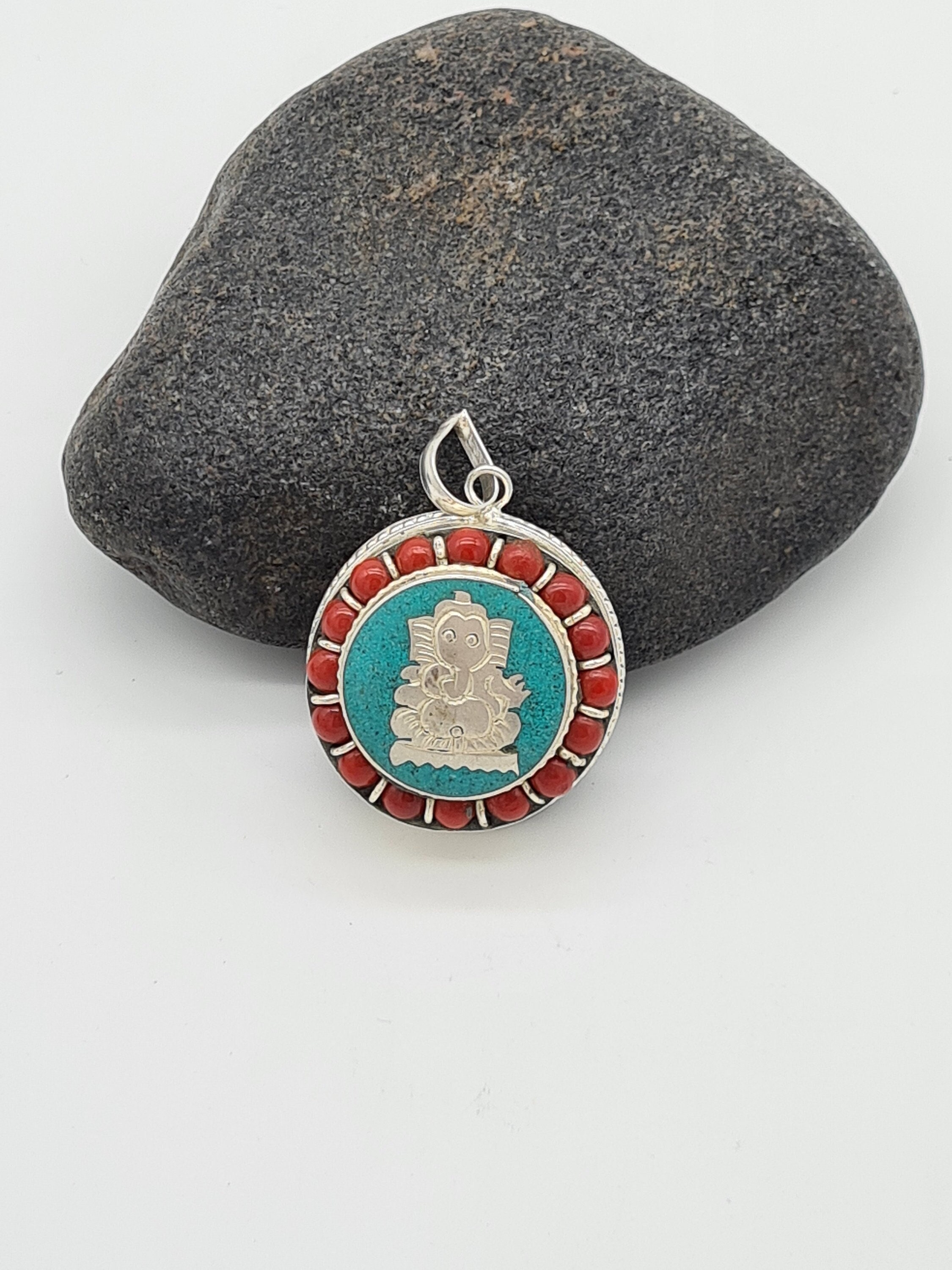 Ghau Prayer Box Pendant, Om Padme Hum, Coral Turquoise, Prayer Box, Nepalese Jewellery, Large Ethnic Pendant, Gift for Men