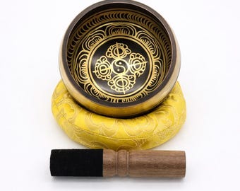 Handmade Tibetan Black Singing Bowl Set – 4" Nepal Meditation Bowl, Mindfulness & Yoga Gift