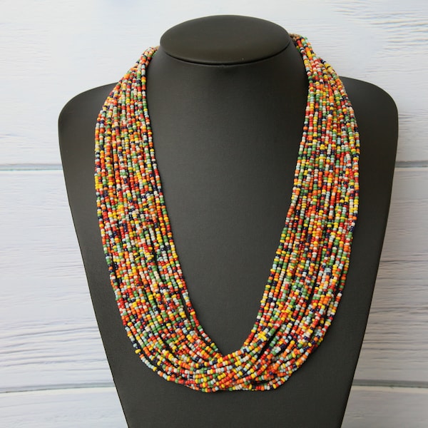 African Necklace, Ethnic Multi-Strand Necklace, Bohemian Necklace, Nepalese Tibetan Glass Beaded Necklace, Ethnic Jewellery