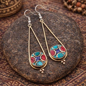 Ethnic Long Dangle Earrings, Turquoise Coral, Nepalese Himalayan Jewelry, Rustic Boho Hippie Style, Bohemian Earrings, Gift for Her