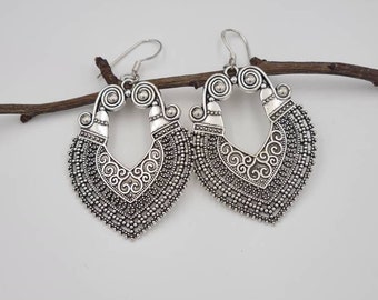Bohemian Hoop Earrings, Large Mandala Earrings, Antique Silver, Boho Statement Earrings, Gift for Woman